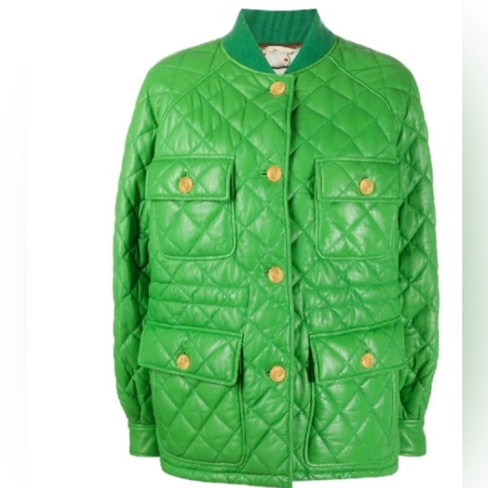 NWT Gucci QUILTED JACKET GREEN lamb skin from Gucci button closing pockets 40 S